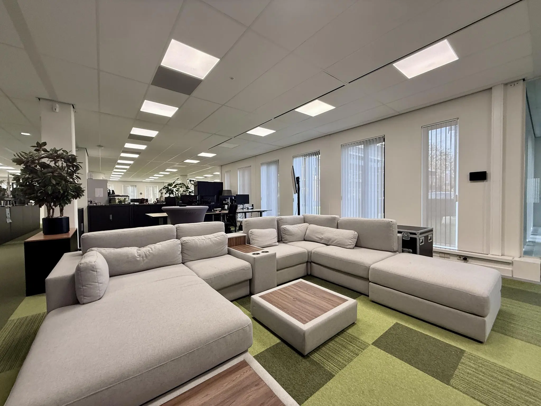 Moderne kantoorruimte aan de Arnhemse Bovenweg met een grote grijze loungebank, groen tapijt en strakke inrichting.